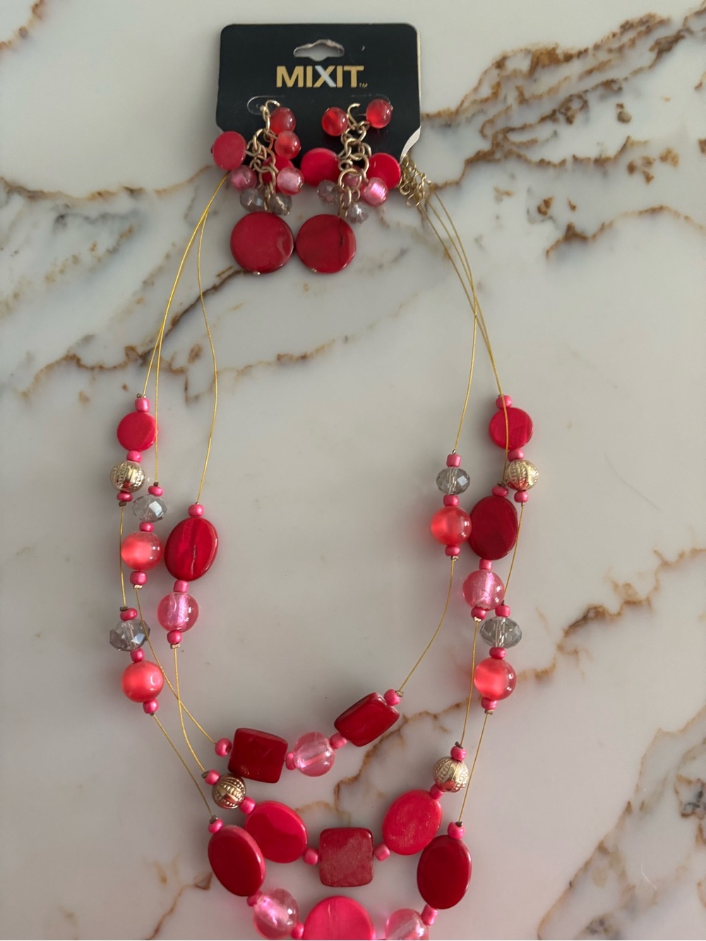Mixit Red & Pink Multi-Strand Beaded Necklace with Matching Earrings
